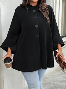 Plus Size Women's Knit Woolen Black 3/4 Sleeve Stand Collar Button Decorated Midi Coat, Suitable For Autumn, Winter, Christmas, Halloween Party Fall - Black - View 4