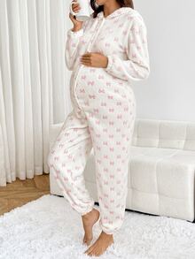 SHEIN جمبسوت كاجوال للحوامل بنمط فيونكة وأكمام طويلة وغطاء رأس - أبيض - مشاهدة 7