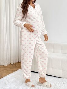 SHEIN جمبسوت كاجوال للحوامل بنمط فيونكة وأكمام طويلة وغطاء رأس - أبيض - مشاهدة 5