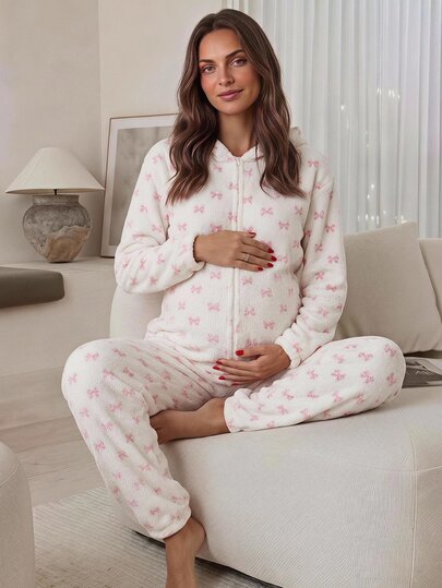 SHEIN Maternity Bow Pattern Long Sleeve Hooded Casual Jumpsuit