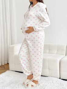 SHEIN جمبسوت كاجوال للحوامل بنمط فيونكة وأكمام طويلة وغطاء رأس - أبيض - مشاهدة 6