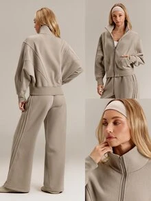 GLOWMODE Everyday Fleece Warmth Whisperer Soft Warm Lightweight Front Back Seam Detailing Pockets Batwing Sleeve High Neckline Full-Zip Jacket Casual - Khaki - View 8