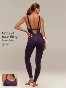 GLOWMODE 26" Second Skin Seamless Soft Launch Low-Rise Bodysuit With Wide Straps, Low-Cut V-Neck & Scrunch Bum Training Workout Studio Gym Fitness Wear - Purple - View 1