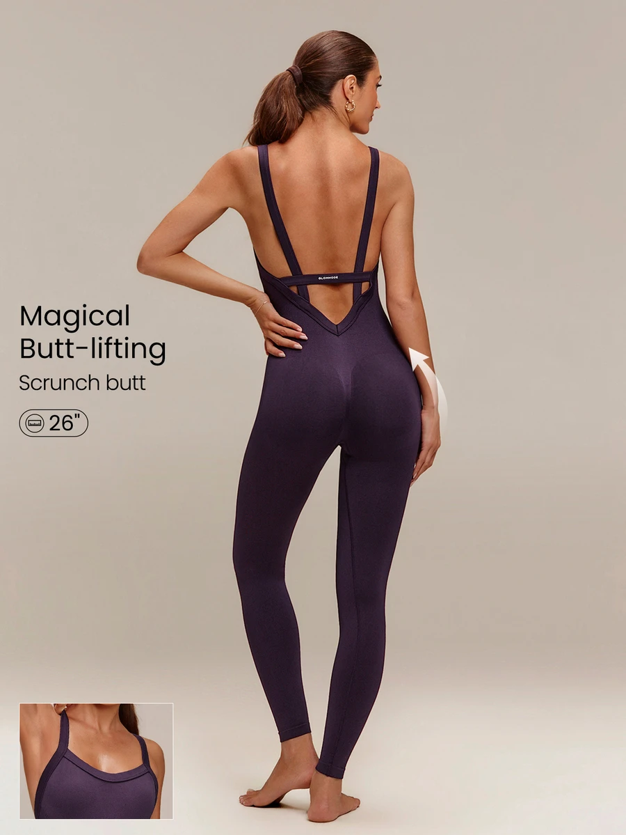 GLOWMODE 26" Second Skin Seamless Soft Launch Low-Rise Bodysuit With Wide Straps, Low-Cut V-Neck & Scrunch Bum Training Workout Studio Gym Fitness Wear - Purple - View 1