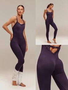 GLOWMODE 26" Second Skin Seamless Soft Launch Low-Rise Bodysuit With Wide Straps, Low-Cut V-Neck & Scrunch Bum Training Workout Studio Gym Fitness Wear - Purple - View 8