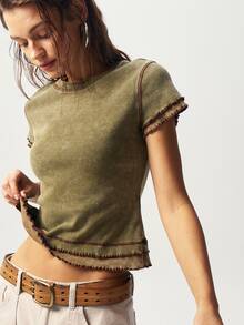 Bohemela Summer BOHO Vintage Contrast Color Knit Patchwork Round Neck Short Sleeve Fitted Washed Women T-Shirt Going Out Olive Green - Green - View 2