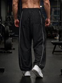 GymBeat Men's Contrast Trim Sports Pants, Outdoor Sweat Pants, Gym - Black - View 3