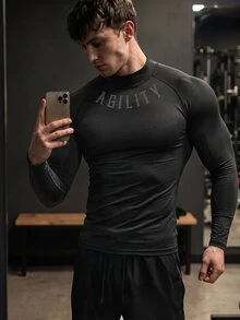 GymBeat Outdoor Casual Breathable Slim Fit Long Sleeve Men's Sports T-Shirt Men Compression Tops Turtle Neck Shirt Gym Lightweight - Black - View 3