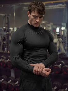 GymBeat Outdoor Casual Breathable Slim Fit Long Sleeve Men's Sports T-Shirt Men Compression Tops Turtle Neck Shirt Gym Lightweight - Black - View 2