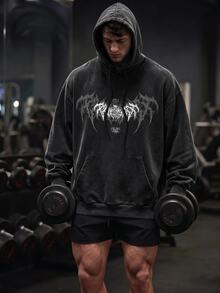 GymBeat Men's Graphic Print Hooded Long Sleeve Graphic Sports Sweatshirts, Gym - Black - View 4