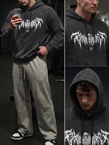 GymBeat Men's Graphic Print Hooded Long Sleeve Graphic Sports Sweatshirts, Gym - Black - View 6