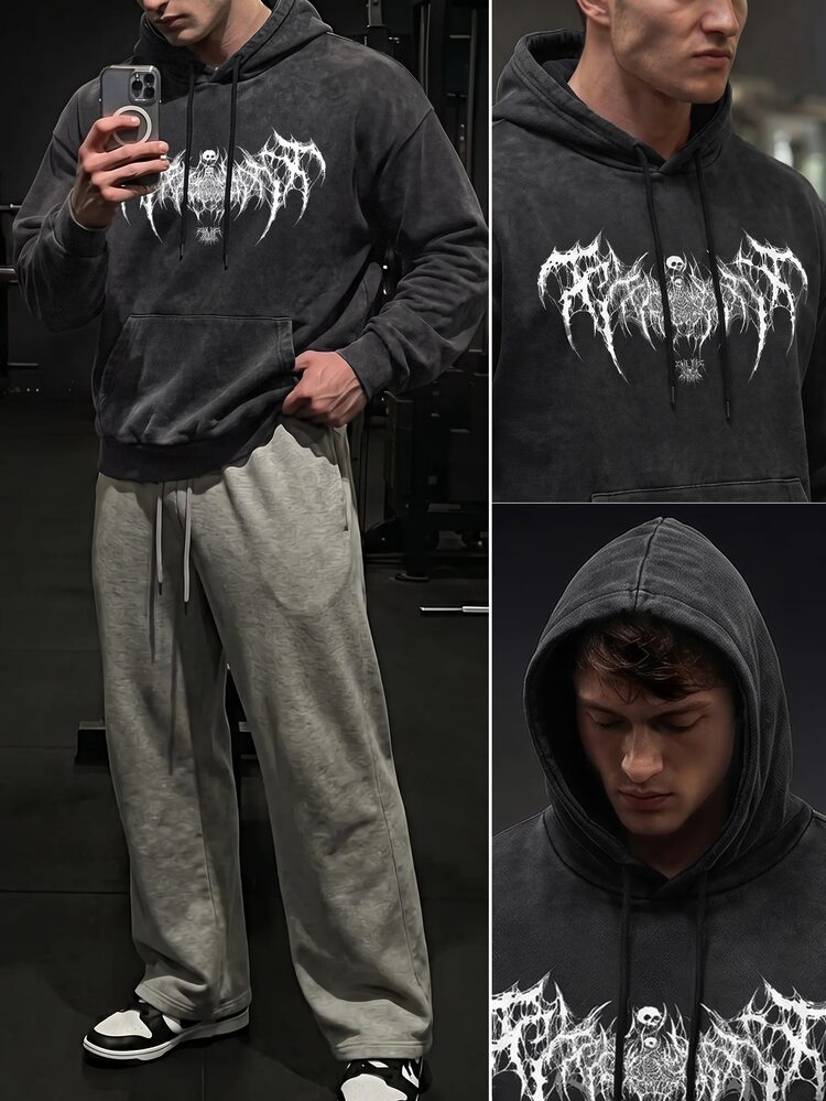 GymBeat Men's Graphic Print Hooded Long Sleeve Graphic Sports Sweatshirts, Gym - Black - View 6