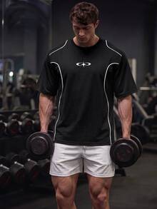 GymBeat Men's Contrast Trim Collar Graphic Print Loose Fit Sports T-Shirt, Gym - Black - View 1