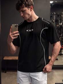 GymBeat Men's Contrast Trim Collar Graphic Print Loose Fit Sports T-Shirt, Gym - Black - View 7