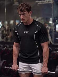 GymBeat Men's Contrast Trim Collar Graphic Print Loose Fit Sports T-Shirt, Gym - Black - View 5