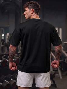 GymBeat Men's Contrast Trim Collar Graphic Print Loose Fit Sports T-Shirt, Gym - Black - View 2
