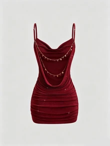 Sweetra Women Summer Burgundy Gold Winter 70s Retro Party Dress, Backless Chain Decor Plunging Neckline Ruched Mini Spaghetti Strap Bodycon Dress - Burgundy - View 3