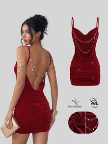 Sweetra Women Summer Burgundy Gold Winter 70s Retro Party Dress, Backless Chain Decor Plunging Neckline Ruched Mini Spaghetti Strap Bodycon Dress - Burgundy - View 1