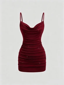 Sweetra Women Summer Burgundy Gold Winter 70s Retro Party Dress, Backless Chain Decor Plunging Neckline Ruched Mini Spaghetti Strap Bodycon Dress - Burgundy - View 2