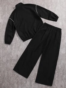 SHEIN 兩件式兒童/青少年男孩休閒運動撞色立領外套和黑色褲子套裝，適合秋季/冬天、上學、家庭聚會、度假、派對等場合，男孩套裝 - 黑色 - 查看 4