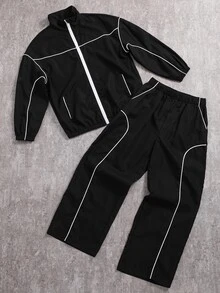SHEIN 兩件式兒童/青少年男孩休閒運動撞色立領外套和黑色褲子套裝，適合秋季/冬天、上學、家庭聚會、度假、派對等場合，男孩套裝 - 黑色 - 查看 2
