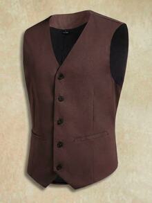 Manfinity RebelGame Men's Woven Fitted Casual Sleeveless Suit Vest, Suitable For Spring And Summer - Coffee Brown - View 1