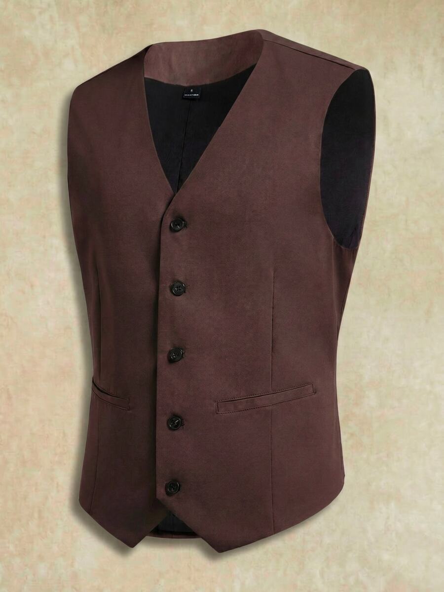Manfinity RebelGame Men's Woven Fitted Casual Sleeveless Suit Vest, Suitable For Spring And Summer - Coffee Brown - View 1