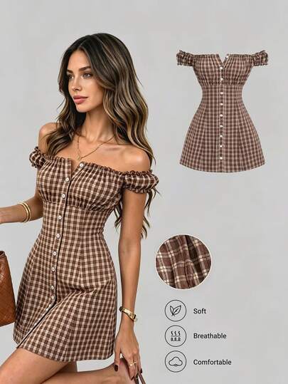 Sweetra Casual Fashion Slim-Fit Plaid Off Shoulder Mini Dress For Women