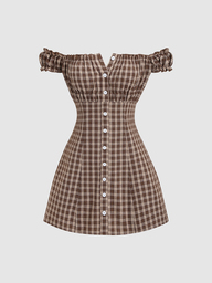 Sweetra Vestido mini de mujer de moda casual, ajustado y con hombros descubiertos a cuadros