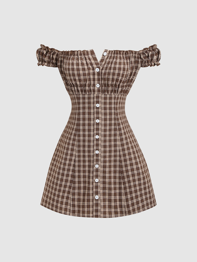 Sweetra Casual Fashion Slim-Fit Plaid Off Shoulder Mini Dress For Women