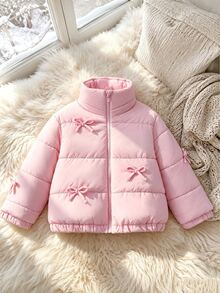 SHEIN Elladie kids Young Girls Winter Sweet Style Beige Stand Collar Corduroy Padded Coat With Contrast Lining And Button Closure, Thickened Padded Coat - Baby Pink - View 5
