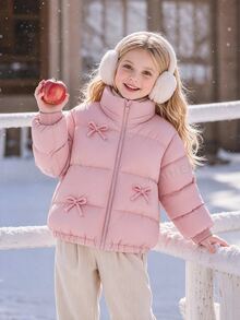 SHEIN Elladie kids Young Girls Winter Sweet Style Beige Stand Collar Corduroy Padded Coat With Contrast Lining And Button Closure, Thickened Padded Coat - Baby Pink - View 6