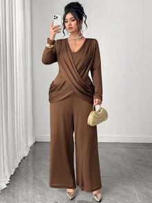 Elenzga Women's Plus Size Small V-Neck Long Sleeve Fitted Criss-Cross Ruffle Back Zipper Brown Jumpsuit, Suitable For Outings, Daily Commute, Work, Casual Vacation, Friends Gathering, Niche Design Long Jumpsuit - Brown - View 5