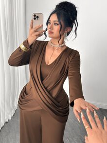 Elenzga Women's Plus Size Small V-Neck Long Sleeve Fitted Criss-Cross Ruffle Back Zipper Brown Jumpsuit, Suitable For Outings, Daily Commute, Work, Casual Vacation, Friends Gathering, Niche Design Long Jumpsuit - Brown - View 7