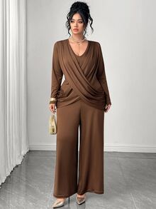 Elenzga Women's Plus Size Small V-Neck Long Sleeve Fitted Criss-Cross Ruffle Back Zipper Brown Jumpsuit, Suitable For Outings, Daily Commute, Work, Casual Vacation, Friends Gathering, Niche Design Long Jumpsuit - Brown - View 3