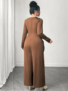 Elenzga Women's Plus Size Small V-Neck Long Sleeve Fitted Criss-Cross Ruffle Back Zipper Brown Jumpsuit, Suitable For Outings, Daily Commute, Work, Casual Vacation, Friends Gathering, Niche Design Long Jumpsuit - Brown - View 2