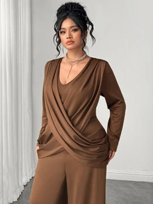Elenzga Women's Plus Size Small V-Neck Long Sleeve Fitted Criss-Cross Ruffle Back Zipper Brown Jumpsuit, Suitable For Outings, Daily Commute, Work, Casual Vacation, Friends Gathering, Niche Design Long Jumpsuit - Brown - View 4