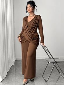 Elenzga Women's Plus Size Small V-Neck Long Sleeve Fitted Criss-Cross Ruffle Back Zipper Brown Jumpsuit, Suitable For Outings, Daily Commute, Work, Casual Vacation, Friends Gathering, Niche Design Long Jumpsuit - Brown - View 6