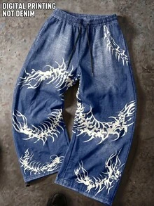 Gym Rark Men's Fashionable Printed Contrasting Elastic Waistband, Toe Binding Sports Pants, Casual Full Printed "Dragon Pattern" Imitation Denim Fabric, Gym - Multicolor - View 2