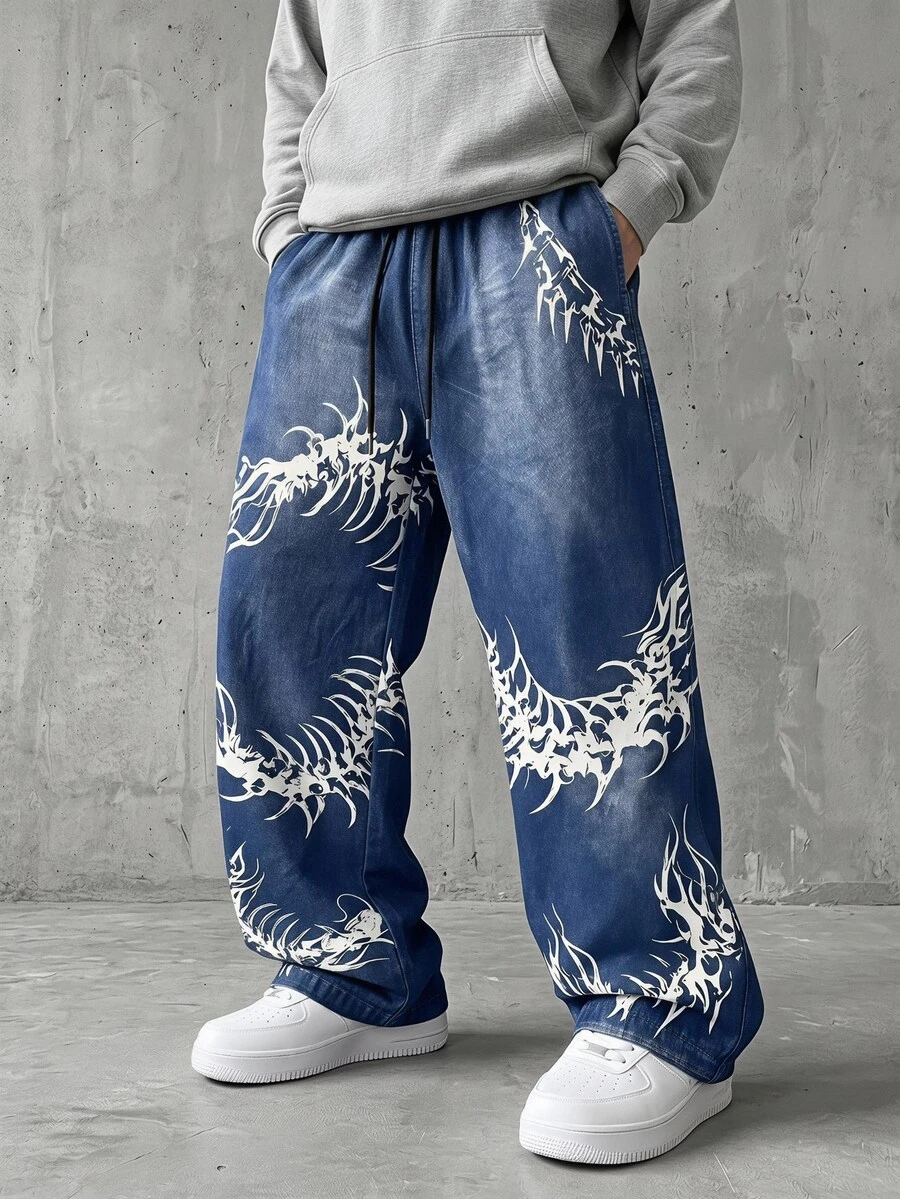 Gym Rark Men's Fashionable Printed Contrasting Elastic Waistband, Toe Binding Sports Pants, Casual Full Printed "Dragon Pattern" Imitation Denim Fabric, Gym - Multicolor - View 1