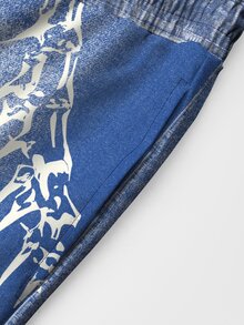 Gym Rark Men's Fashionable Printed Contrasting Elastic Waistband, Toe Binding Sports Pants, Casual Full Printed "Dragon Pattern" Imitation Denim Fabric, Gym - Multicolor - View 3