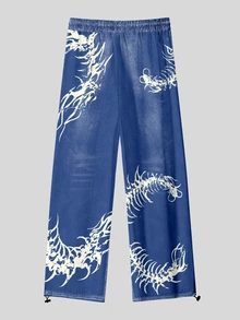 Gym Rark Men's Fashionable Printed Contrasting Elastic Waistband, Toe Binding Sports Pants, Casual Full Printed "Dragon Pattern" Imitation Denim Fabric, Gym - Multicolor - View 4