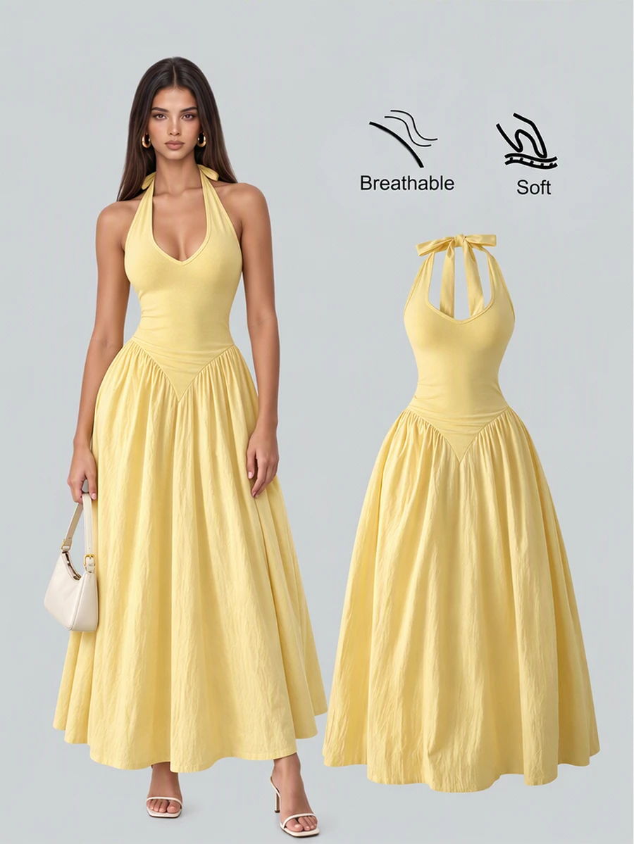 Sweetra French Deep V-Neck Backless Tie Waist Pleated Dress, Sexy - Yellow - View 1