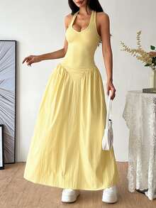 Sweetra French Deep V-Neck Backless Tie Waist Pleated Dress, Sexy - Yellow - View 6