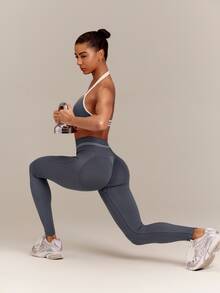 GLOWMODE 26" Second-Skin Seamless Morning Run Booty-Lifting Leggings With Contrast Stripe Logo Waistband Training Workout Gym Fitness Active Wear - Iron Gray - View 7