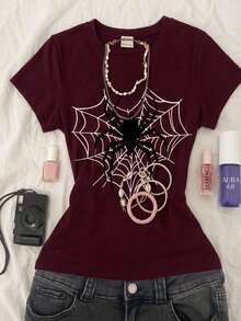 Attitoon Women's Round Neck Short Sleeve Fitted T-Shirt, Suitable For Summer - Burgundy - View 3