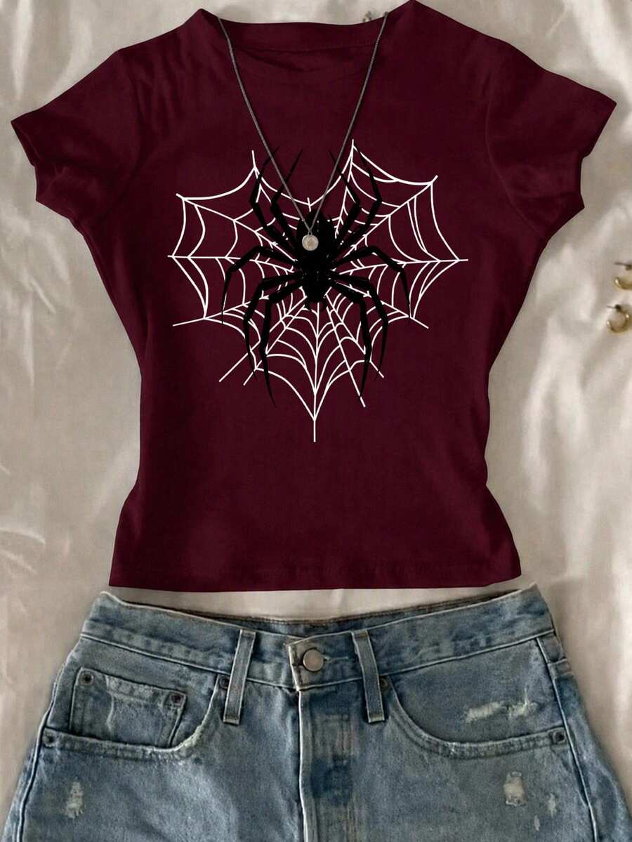Attitoon Women's Round Neck Short Sleeve Fitted T-Shirt, Suitable For Summer - Burgundy - View 1