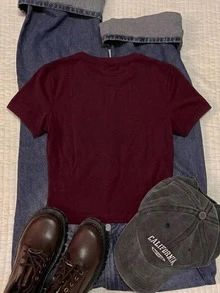 Attitoon Women's Round Neck Short Sleeve Fitted T-Shirt, Suitable For Summer - Burgundy - View 2