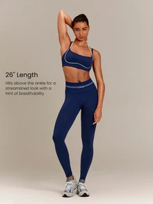 GLOWMODE 26" Second-Skin Seamless Morning Run Booty-Lifting Leggings With Contrast Stripe Logo Waistband Training Workout Gym Fitness Active Wear - Ink Blue - View 3