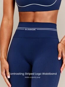 GLOWMODE 26" Second-Skin Seamless Morning Run Booty-Lifting Leggings With Contrast Stripe Logo Waistband Training Workout Gym Fitness Active Wear - Ink Blue - View 4